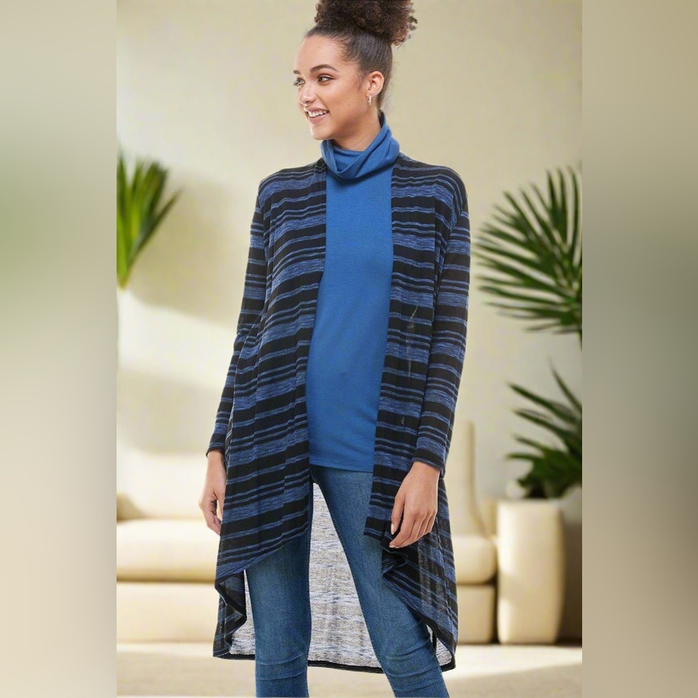 NEW Womens Blue Black Stripe Cardigan Sweater Jacket Duster Top S/M/L/XL